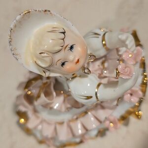 Vintage Lefton Little Girl Porcelain Figurine with Pink and Gold Accents